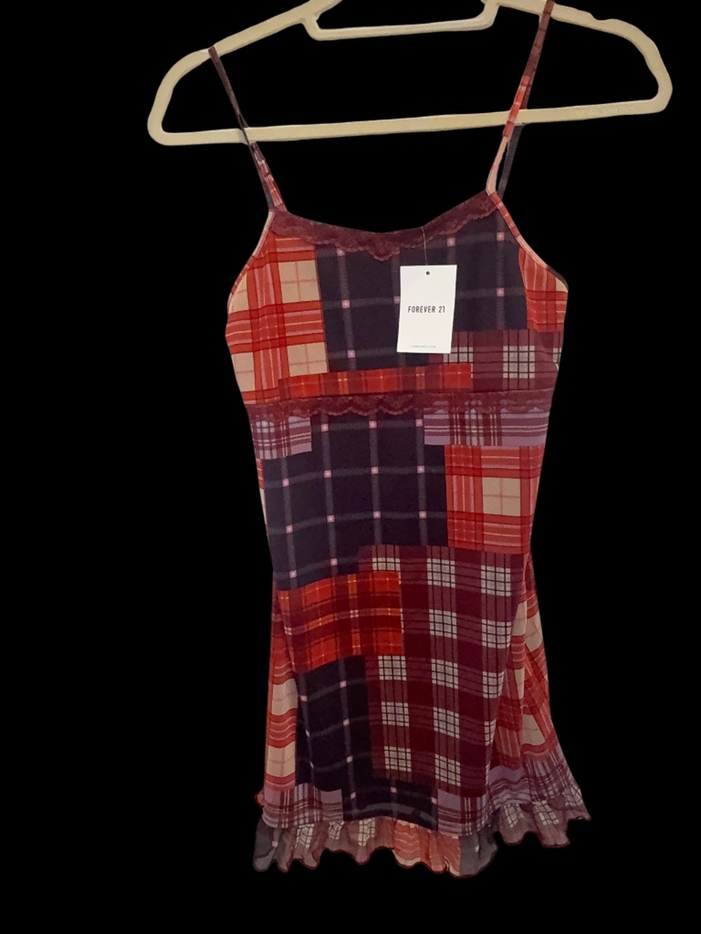 Forever 21 Plaid Patchwork Mini Dress Lace Trim – Size 13/14 – NWT